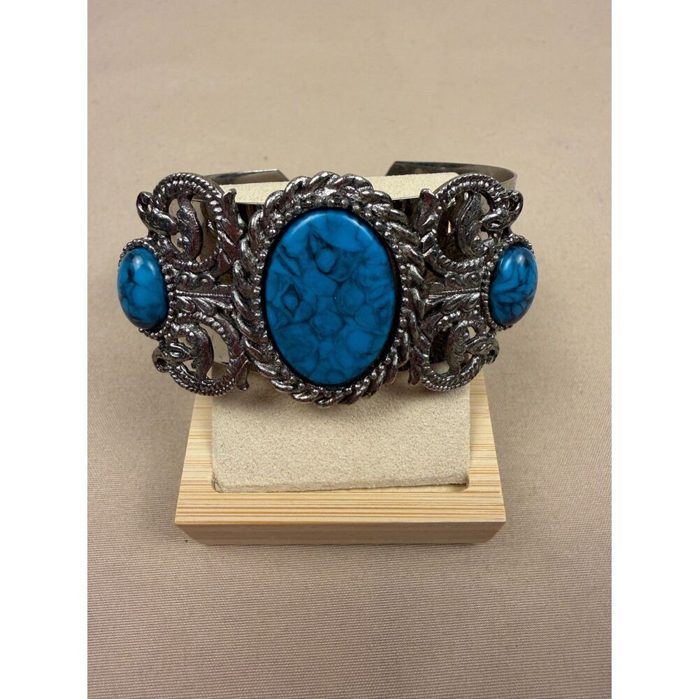Vintage 1970s Southwestern Faux Turquoise Wide Cuff Bracelet